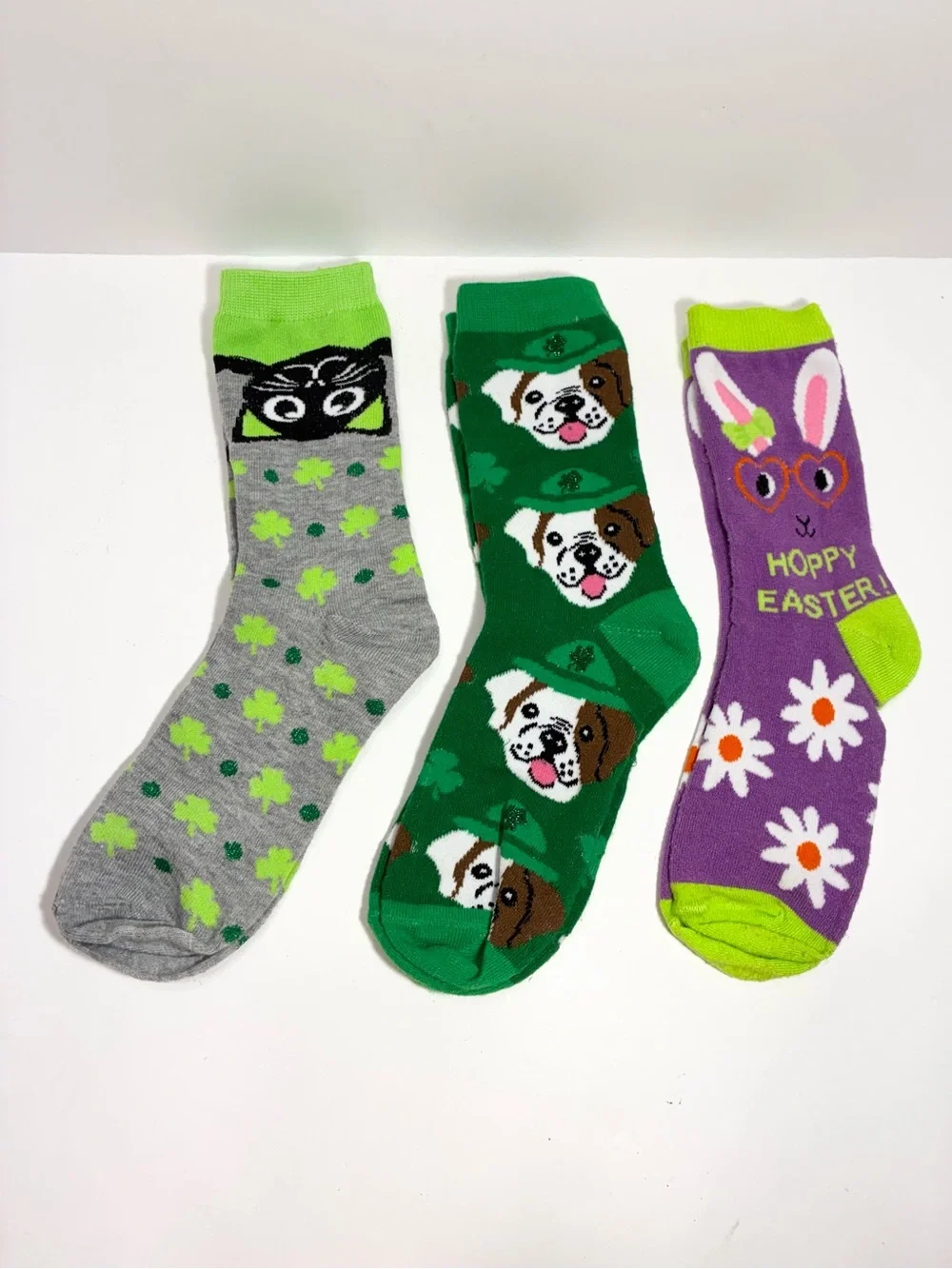 3 Prs Holiday Novelty Socks Easter Bunny St. Patrick’s Day Dog Cat Women’s 9-11
